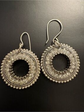 Silver Crystal Circle Drop Earrings - Ornate Pewter Style - 2”